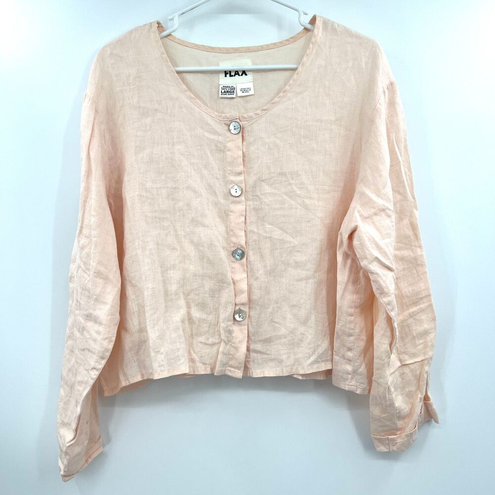 FLAX Linen Cropped Button Front Top Womens Large Peach Pink Lagenlook Boho Shell